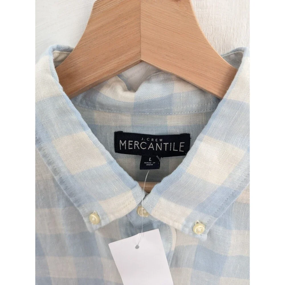 J.Crew Shirt Sz L Men's Blue White Slim Linen Plaid Button Up Long Sleeve
